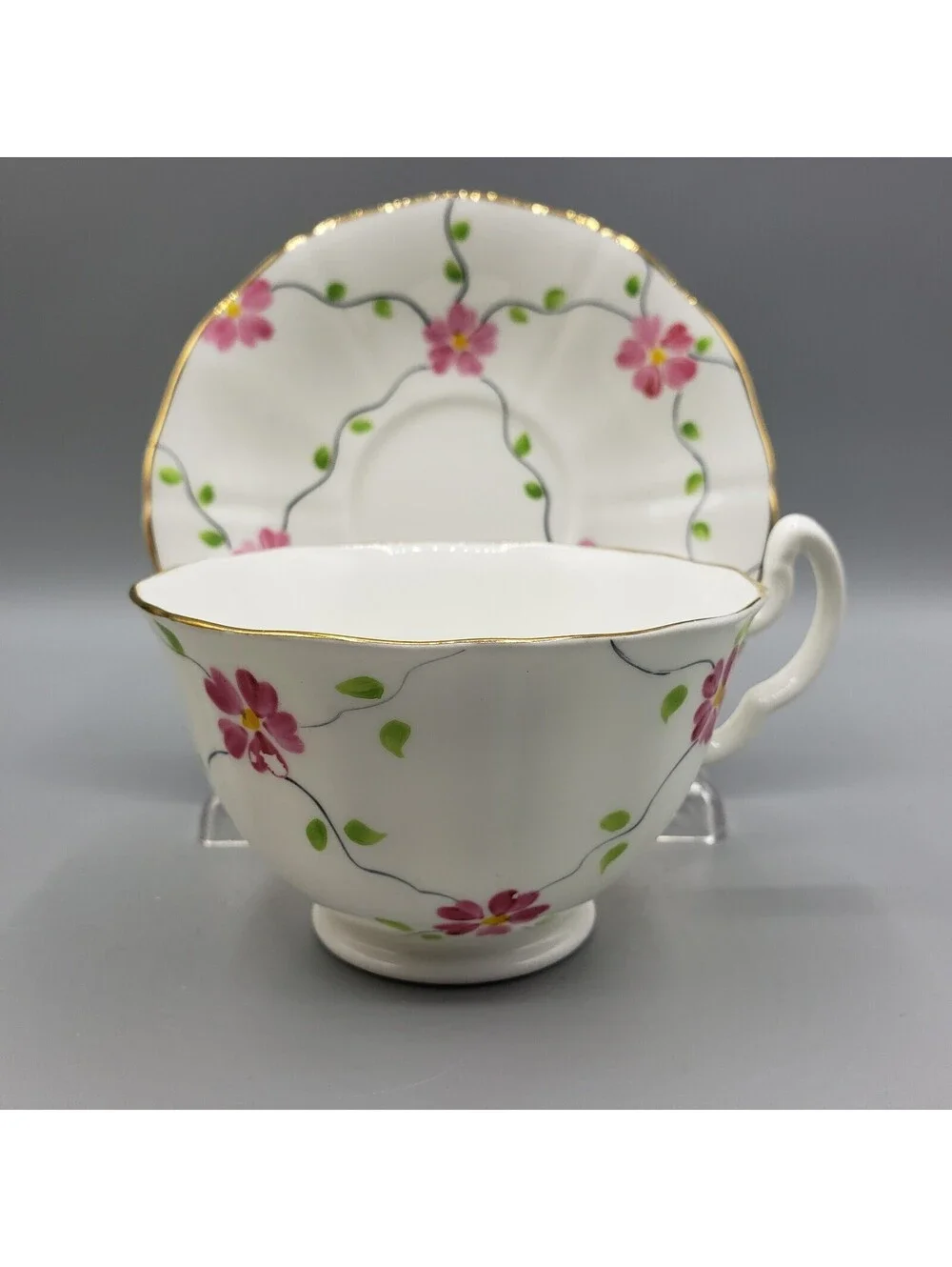Adderley Bone China Teacup & Saucer Hand Painted Pink Primrose Flowers England